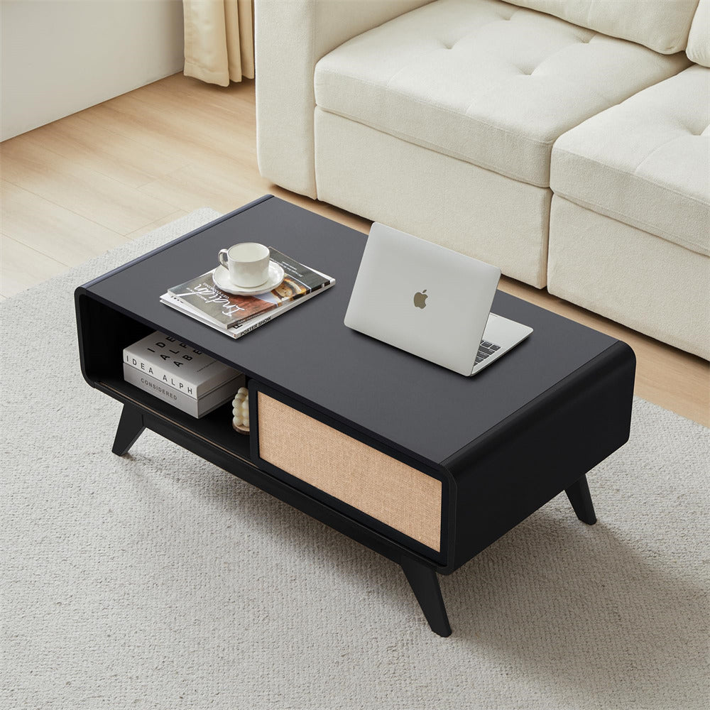 Black Mid Century Modern Wood Coffee Table with Sliding Linen Door Panel and Storage