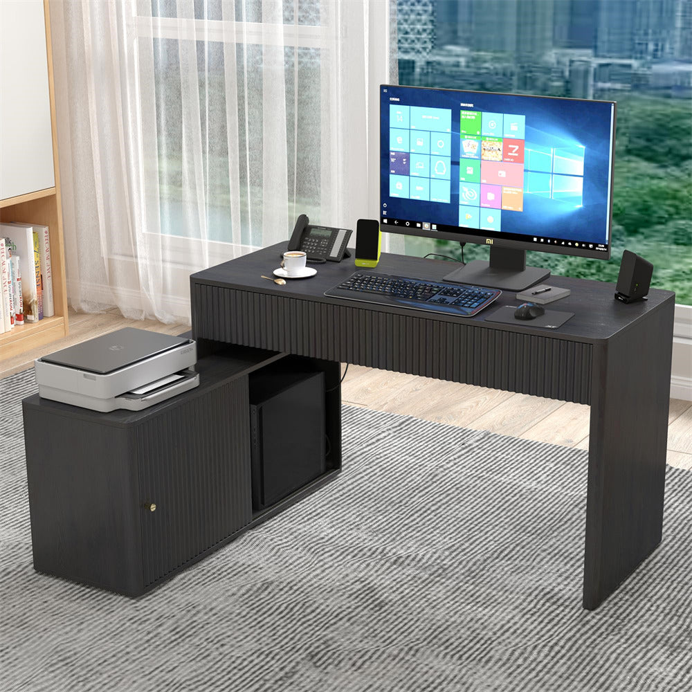 Black Modern Corner L Shaped Computer Desk Table Home Office Desk with Storage and Drawers