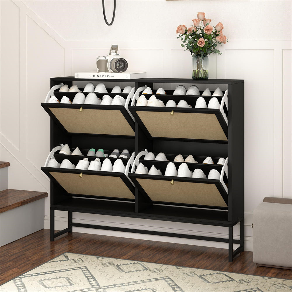 Black Modern Entryway Wooden Shoe Cabinet with 4 Door 2-Tier Flip Drawers