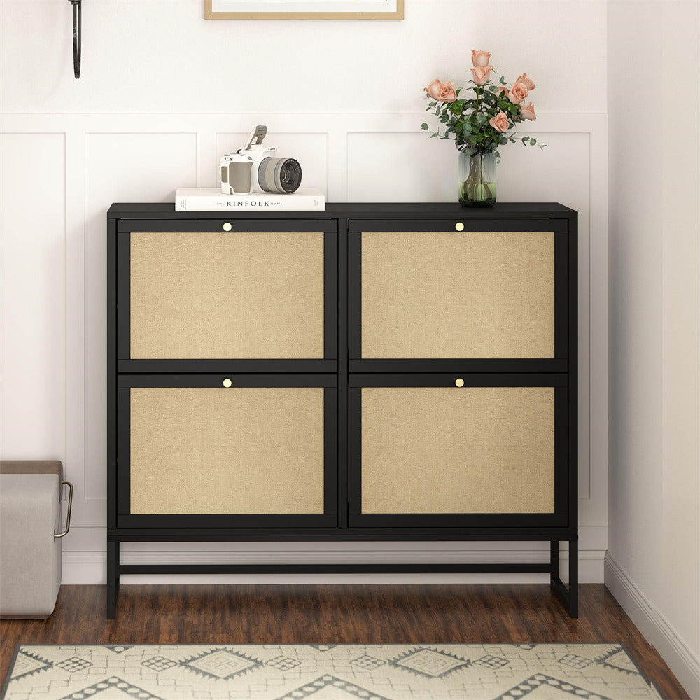 Black Modern Entryway Wooden Shoe Cabinet with 4 Door 2-Tier Flip Drawers