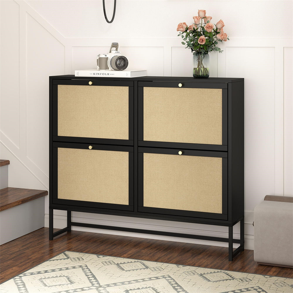 Black Modern Entryway Wooden Shoe Cabinet with 4 Door 2-Tier Flip Drawers