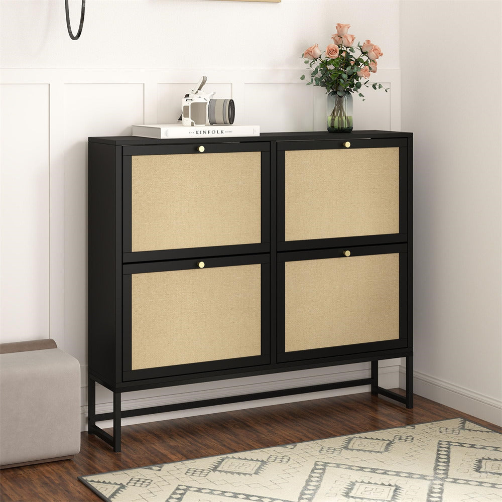 Black Modern Entryway Wooden Shoe Cabinet with 4 Door 2-Tier Flip Drawers