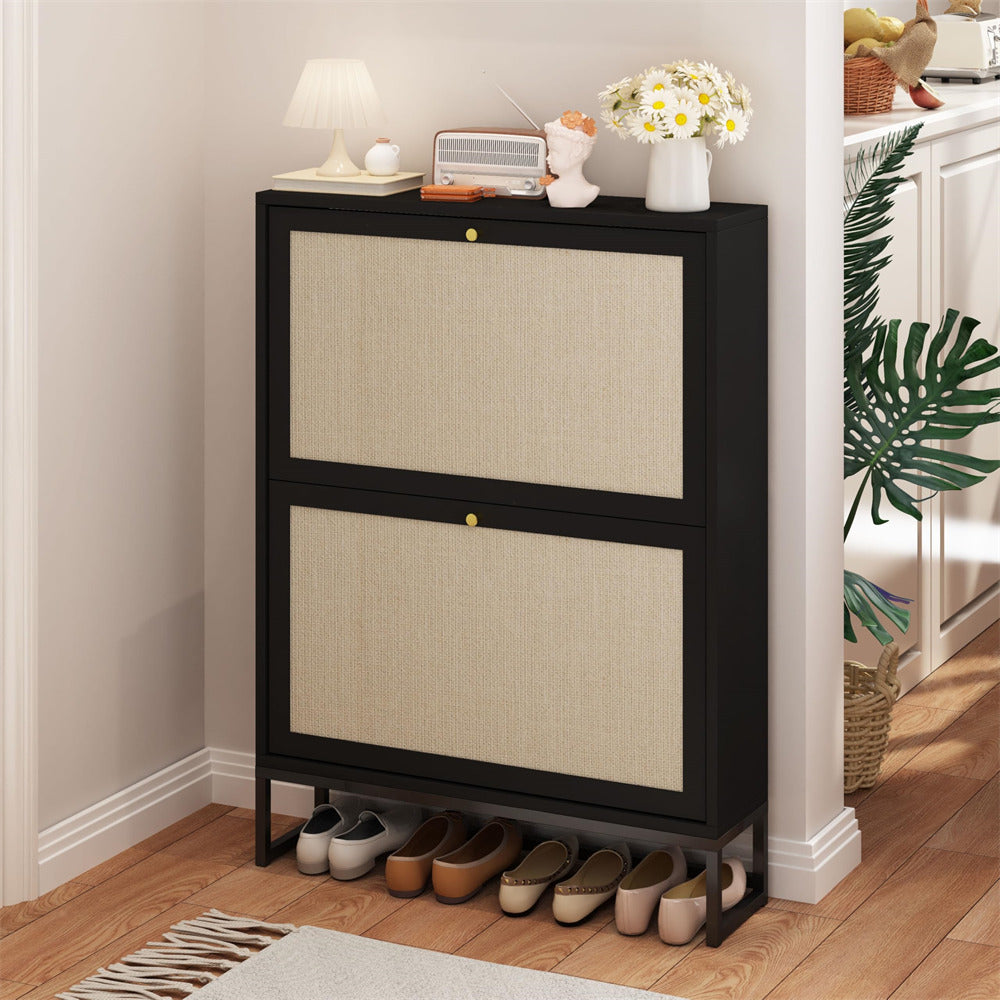 Black Modern Freestanding Shoe Cabinet Storage Entryway Shoe Rack with 2 Linen Doors