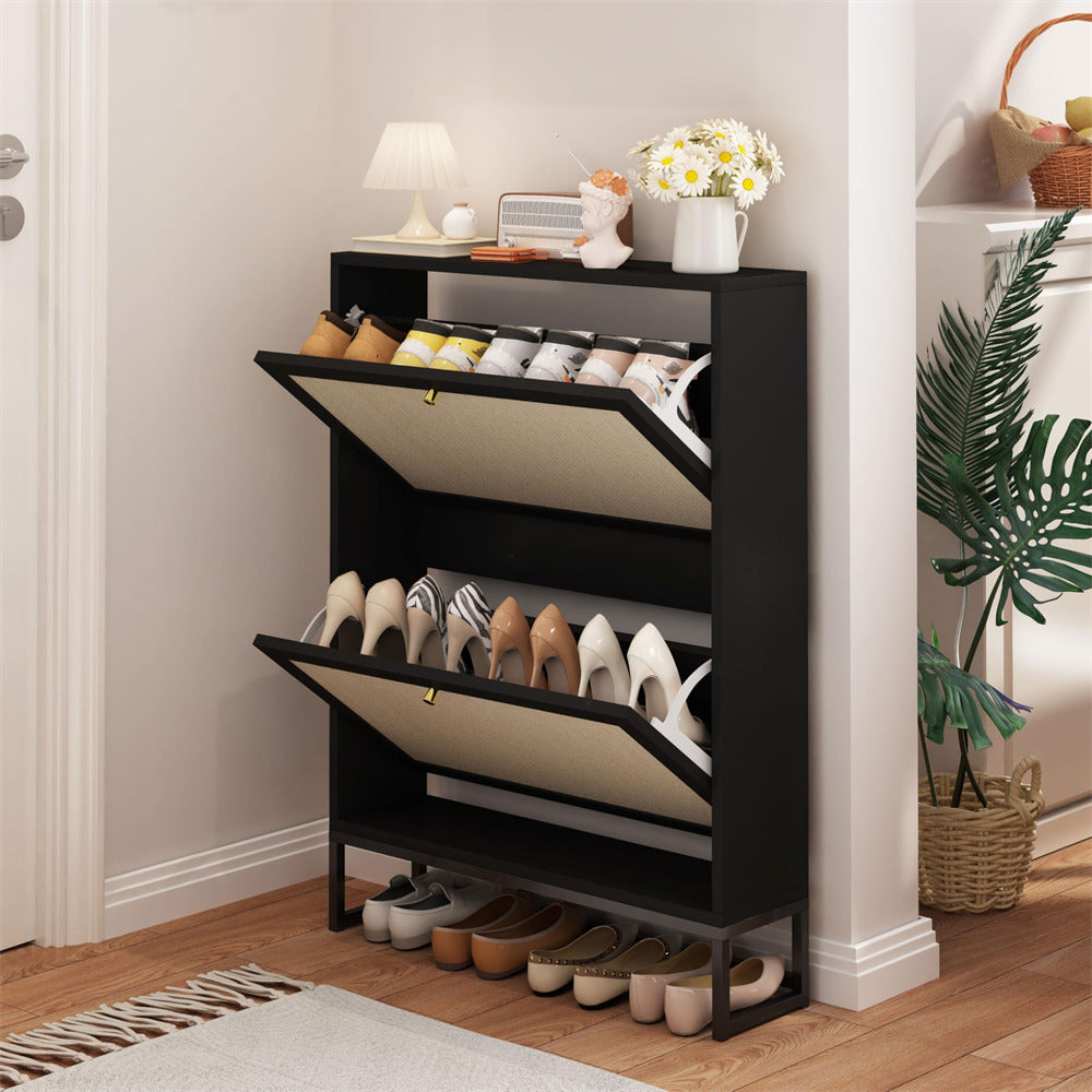 Black Modern Freestanding Shoe Cabinet Storage Entryway Shoe Rack with 2 Linen Doors