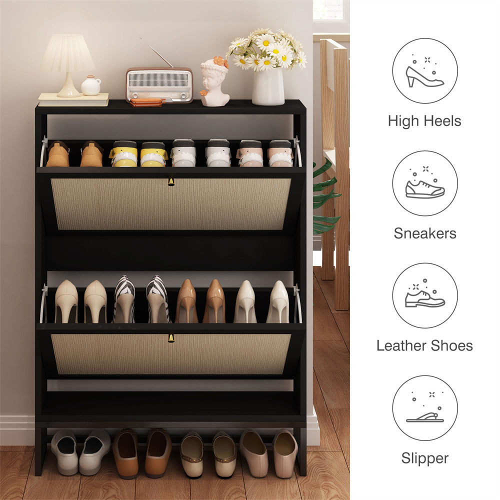 Black Modern Freestanding Shoe Cabinet Storage Entryway Shoe Rack with 2 Linen Doors