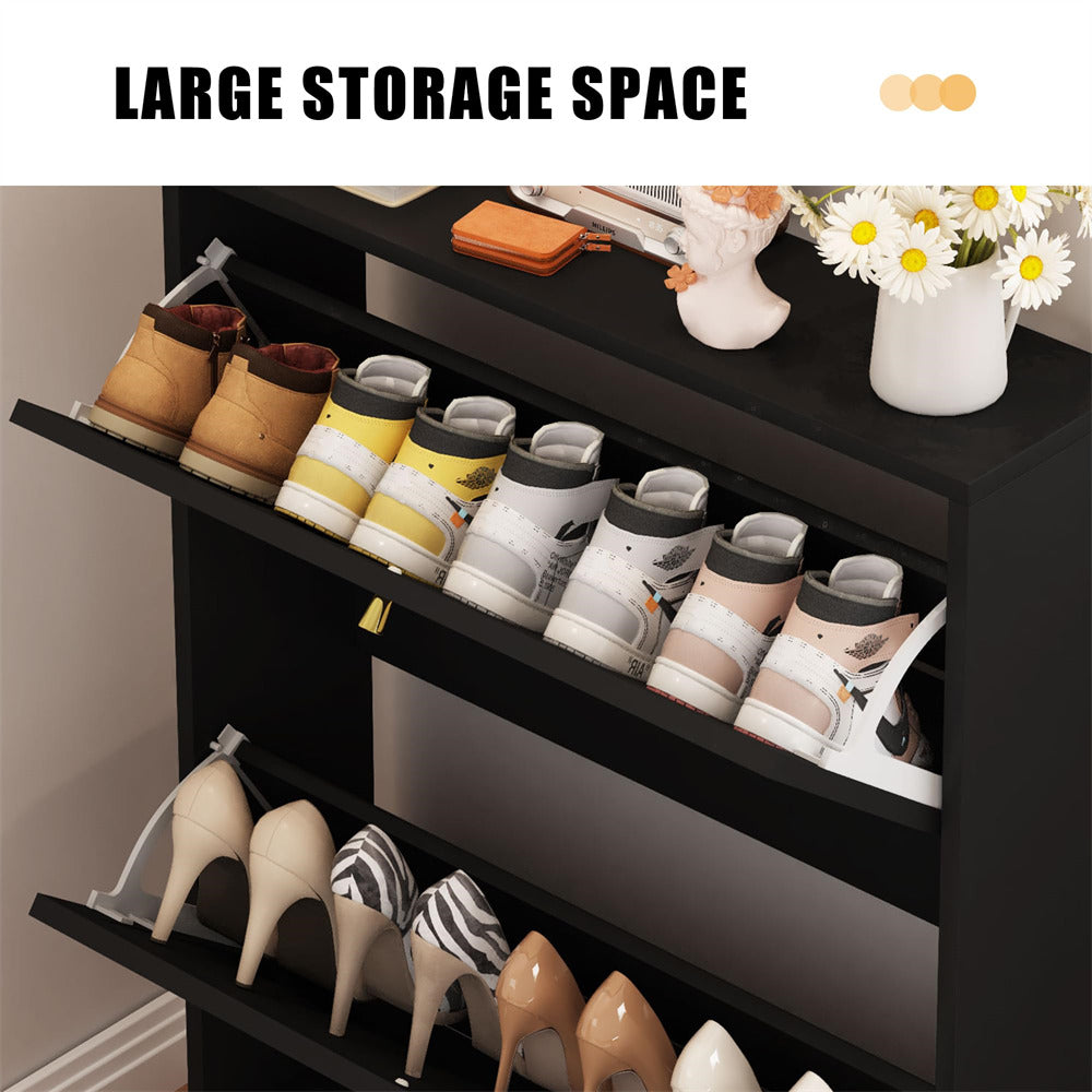 Black Modern Freestanding Shoe Cabinet Storage Entryway Shoe Rack with 2 Linen Doors