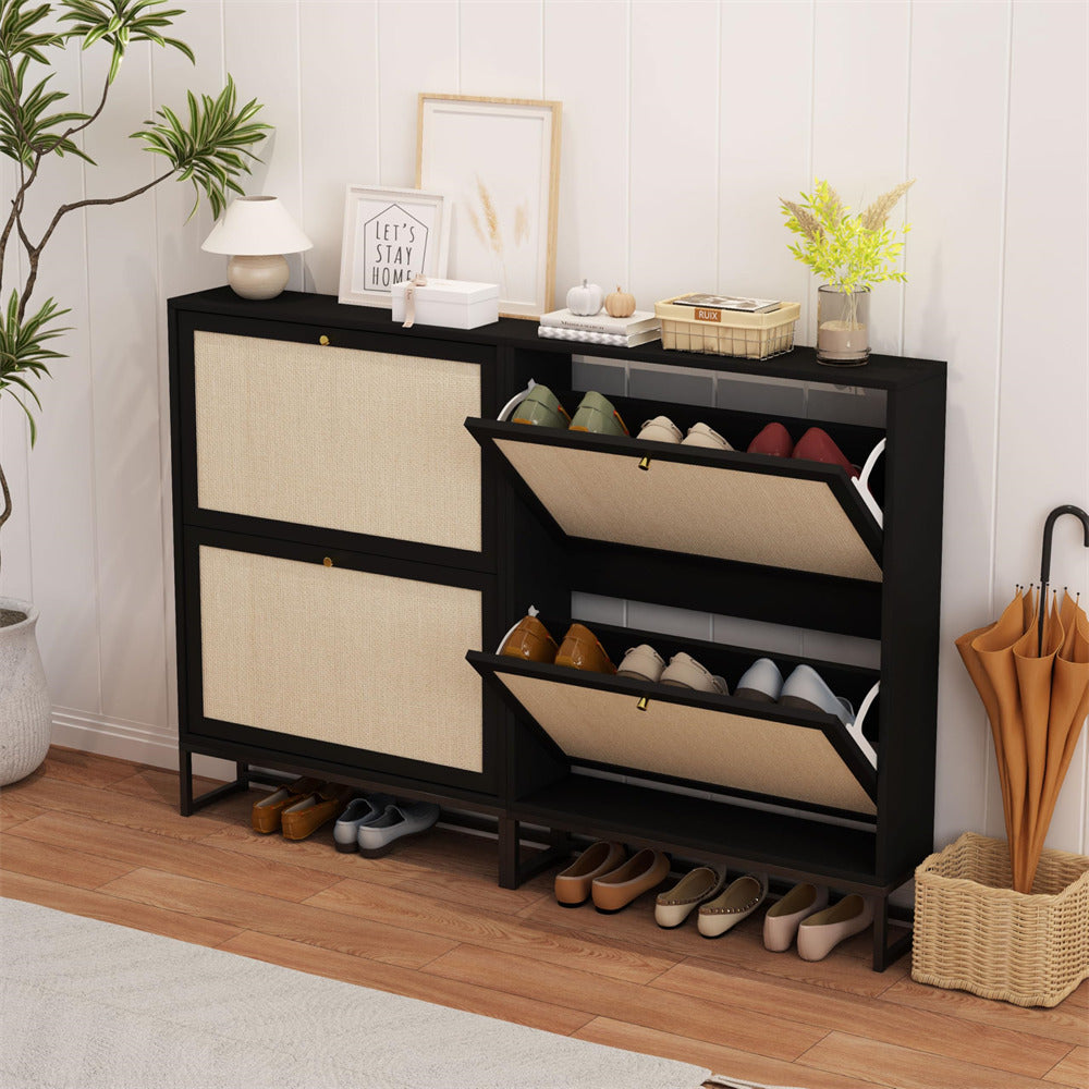 Black Modern Freestanding Shoe Cabinet Storage Entryway Shoe Rack with 2 Linen Doors