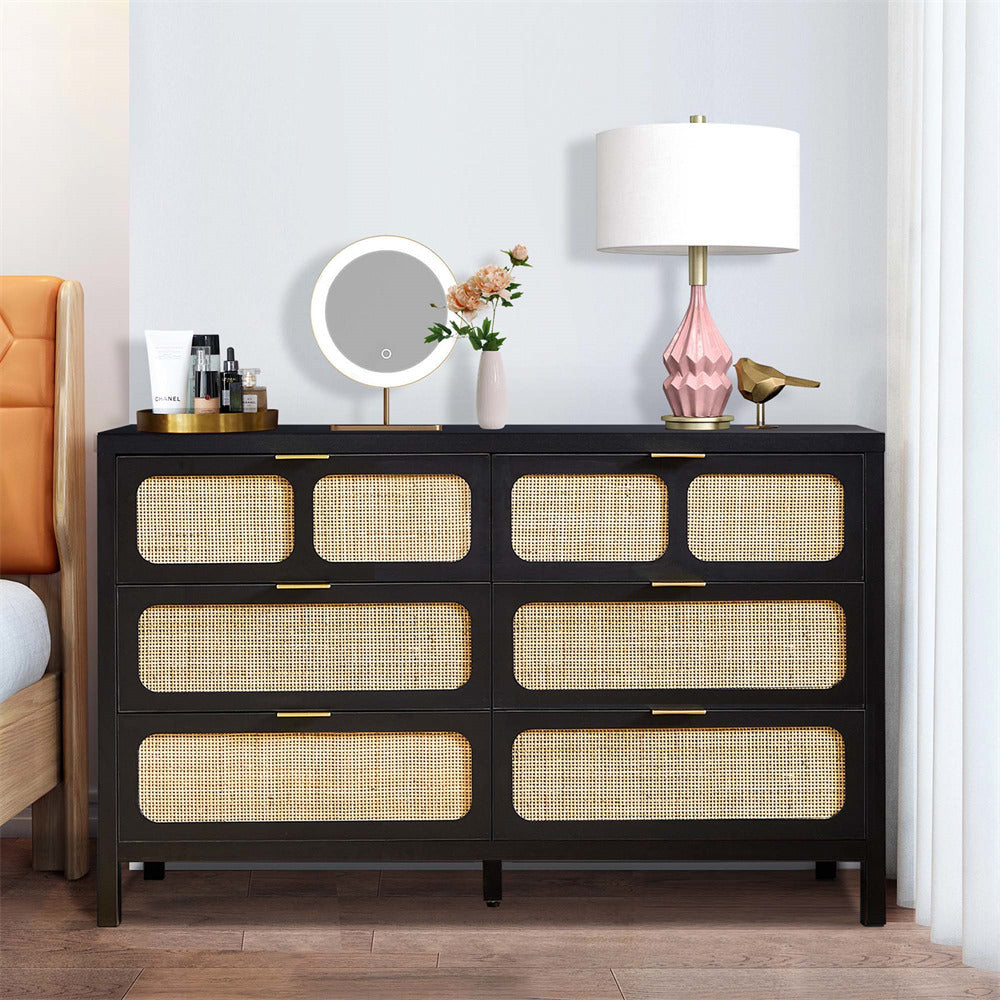 Black Modern Rattan 6 Drawers Dresser