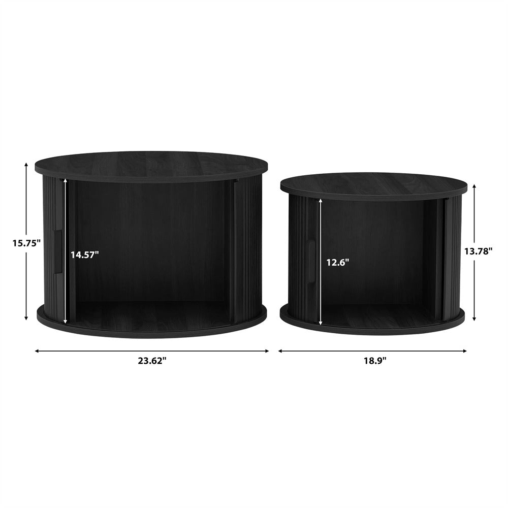 Black Modern Round Coffee Table Set of 2 with Storage Compartment and Sliding Door Size