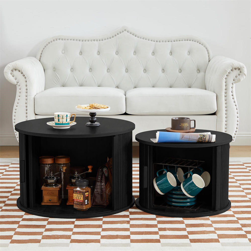 Black Modern Round Coffee Table Set of 2 with Storage Compartment and Sliding Door