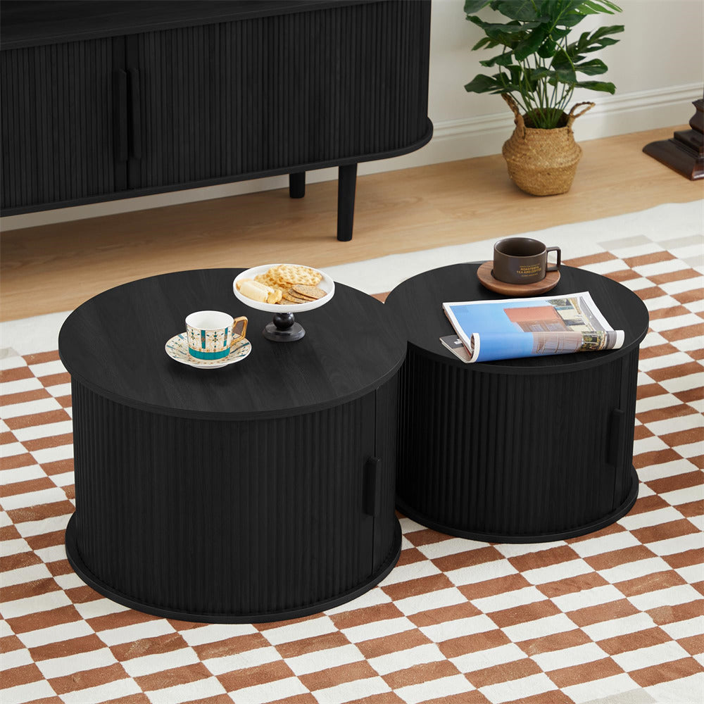 Black Modern Round Coffee Table Set of 2 with Storage Compartment and Sliding Door