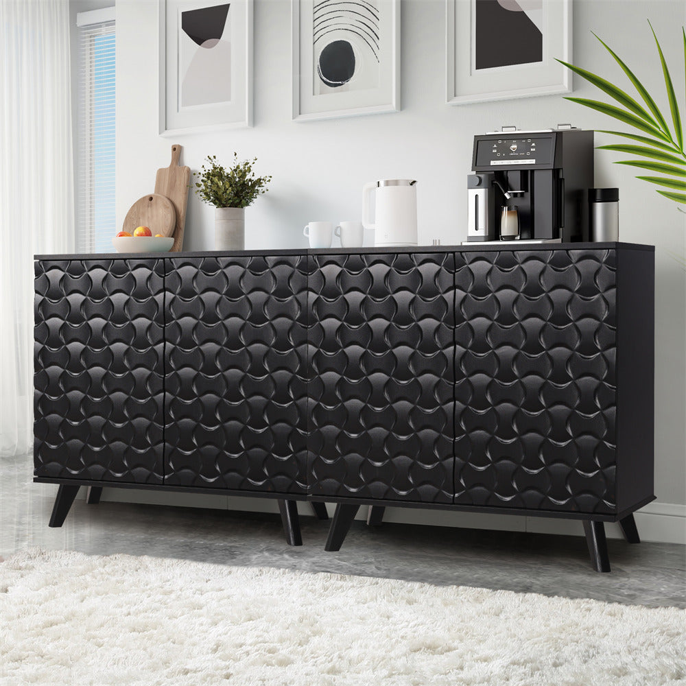 Black Modern Sideboard Buffet Cabinet with Scandinavian Fluted Door 2 Pack