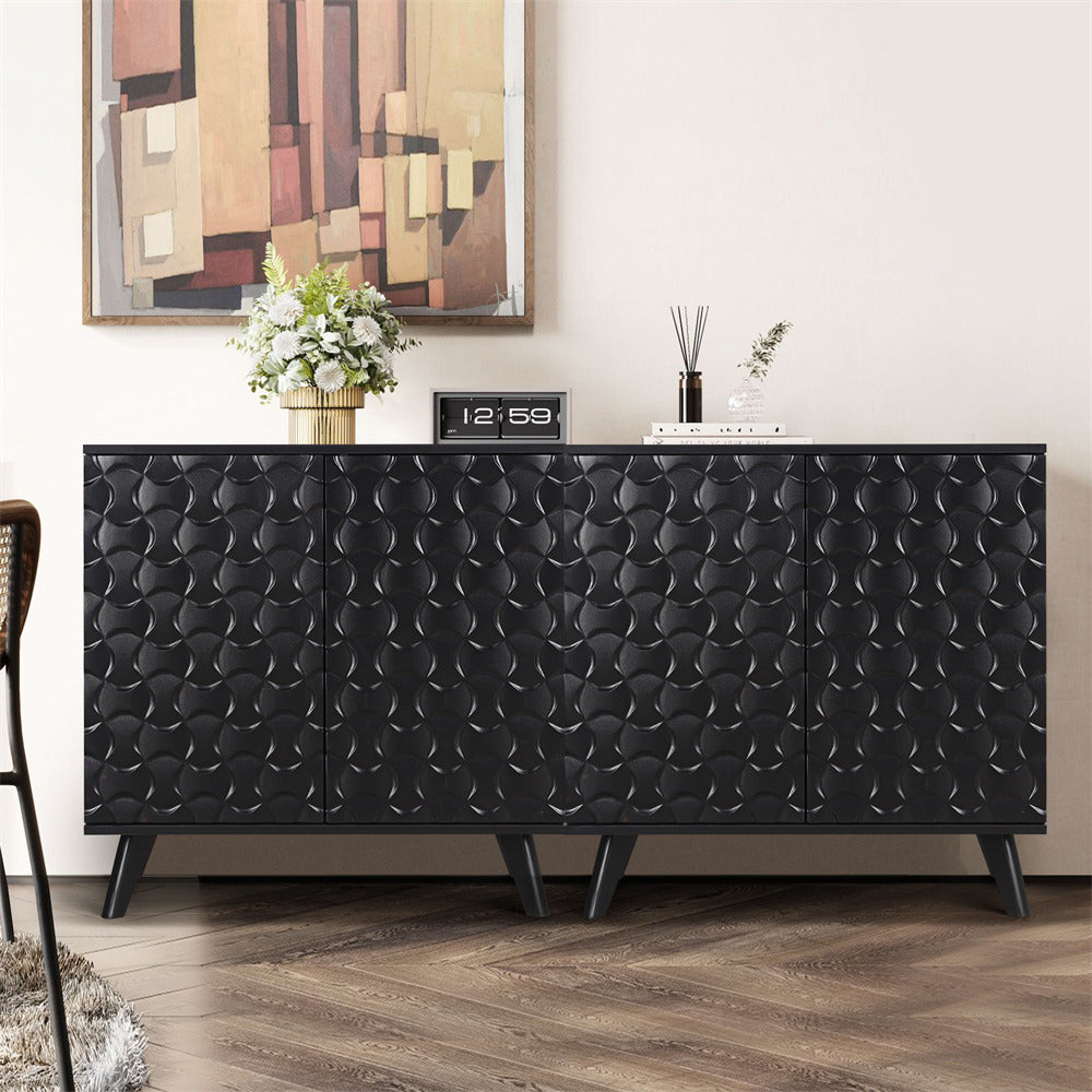 Black Modern Sideboard Buffet Cabinet with Scandinavian Fluted Door 2 Pack