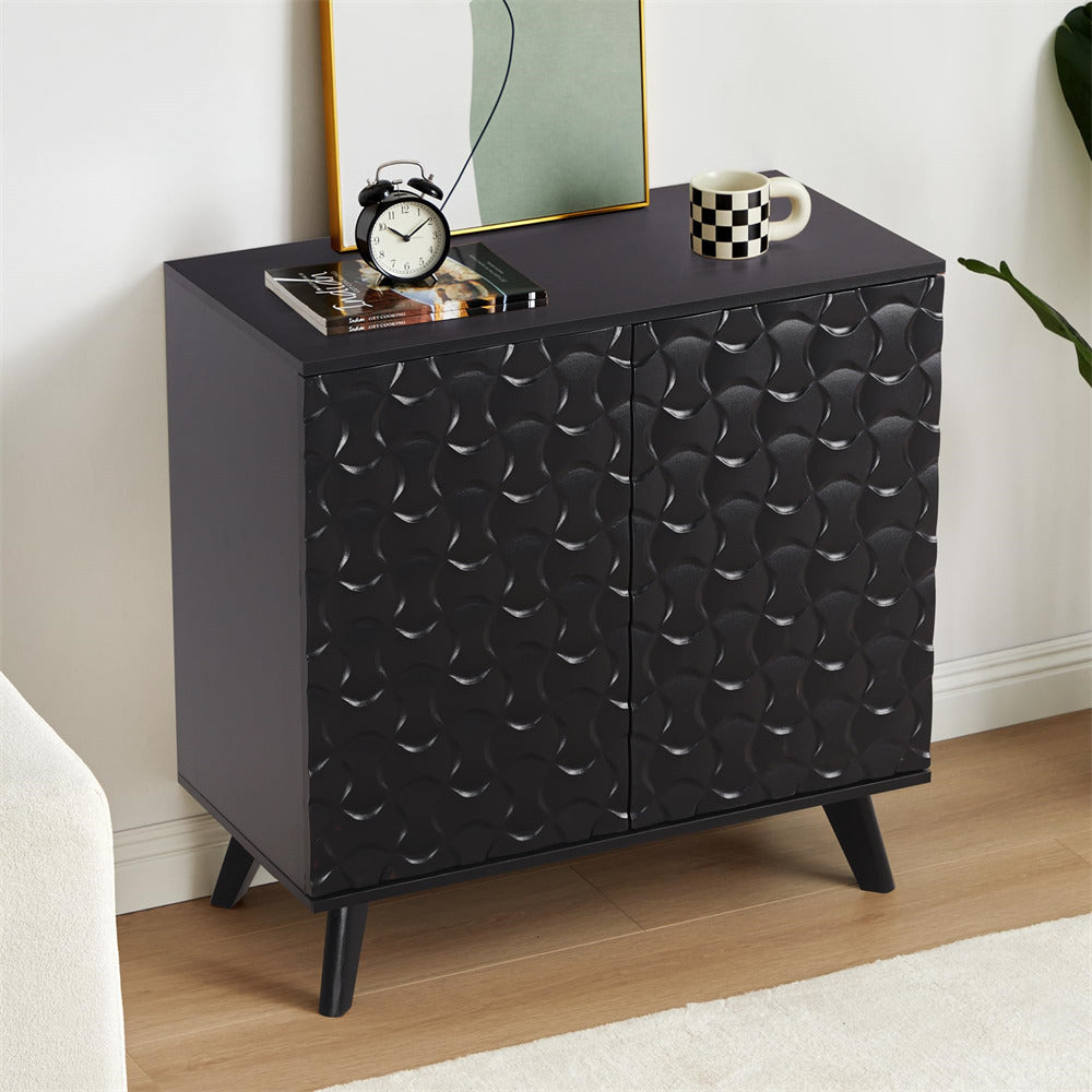 Black Modern Sideboard Buffet Storage Cabinet with Solid Wood Legs and Scandinavian Fluted Door