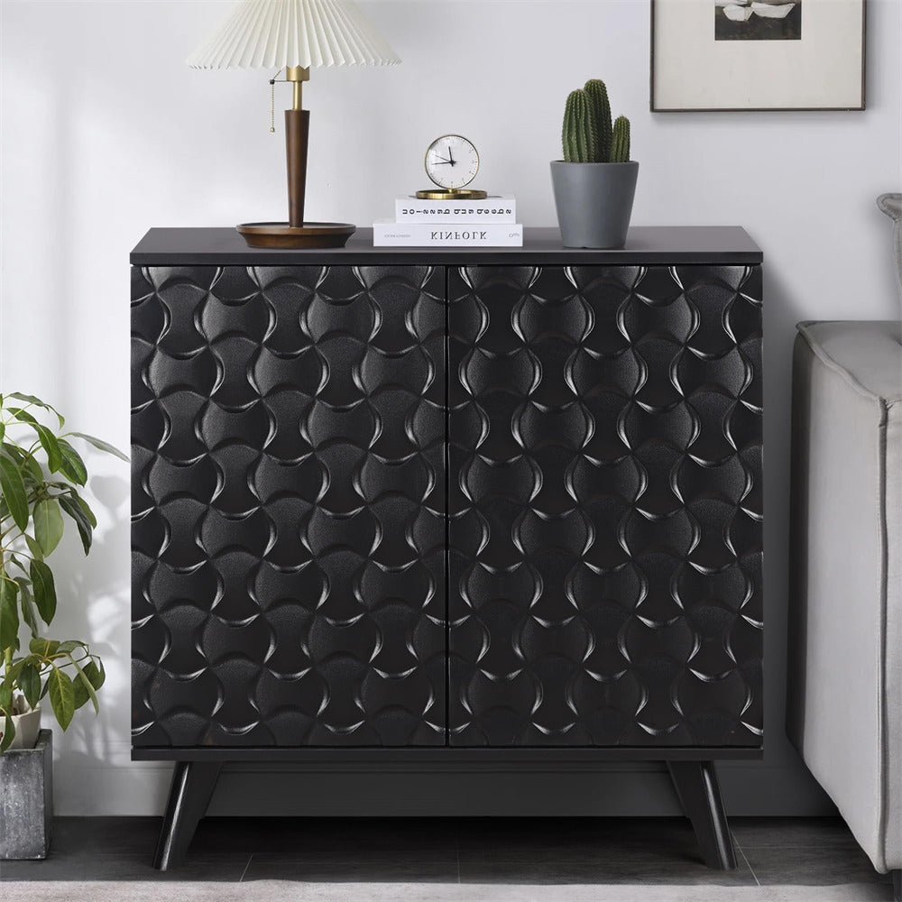 Black Modern Sideboard Buffet Storage Cabinet with Solid Wood Legs and Scandinavian Fluted Door