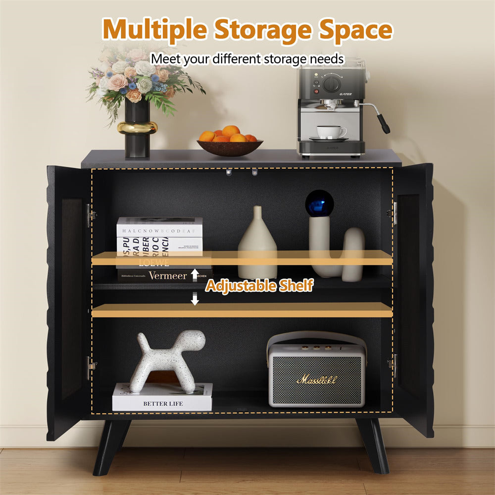 Black Modern Sideboard Buffet Storage Cabinet with Solid Wood Legs and Scandinavian Fluted Door