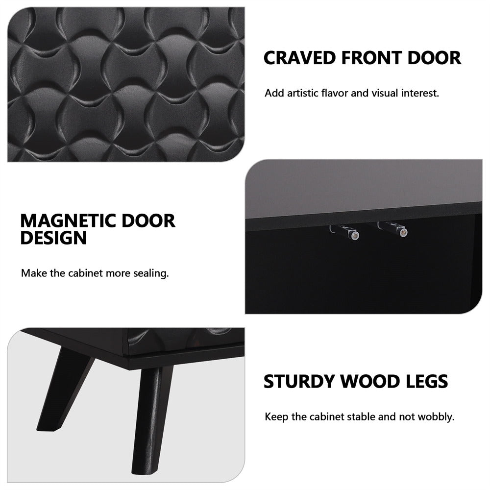 Black Modern Sideboard Buffet Storage Cabinet with Solid Wood Legs and Scandinavian Fluted Door