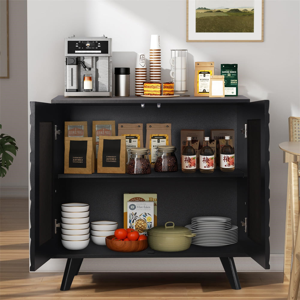 Black Modern Sideboard Buffet Storage Cabinet with Solid Wood Legs and Scandinavian Fluted Door