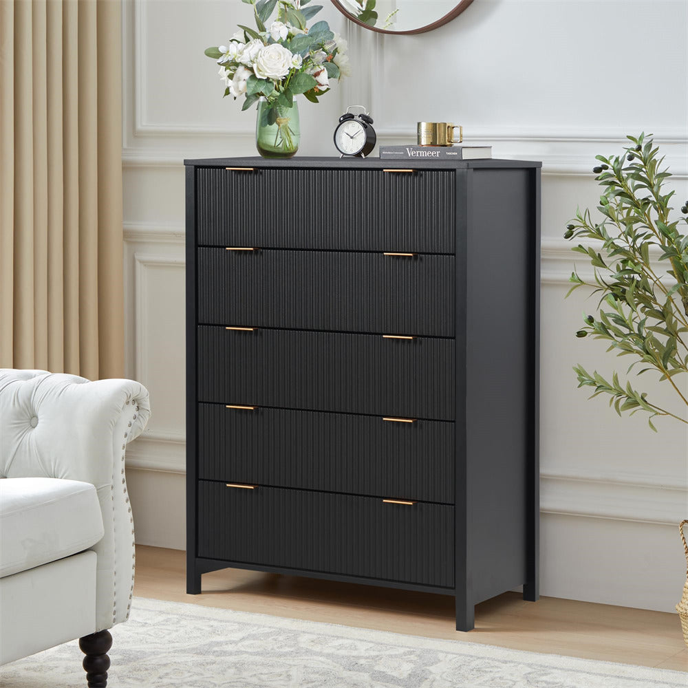 Black Modern Wood 5 Drawer Dressers with Waveform Fluted Panel