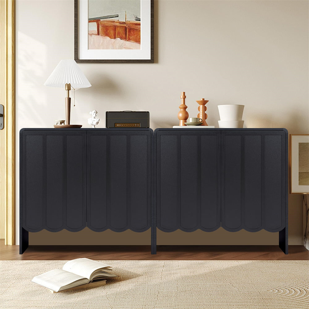 Black Modern Wood Storage Cabinet Sideboard with 2 Doors and Wave Panel