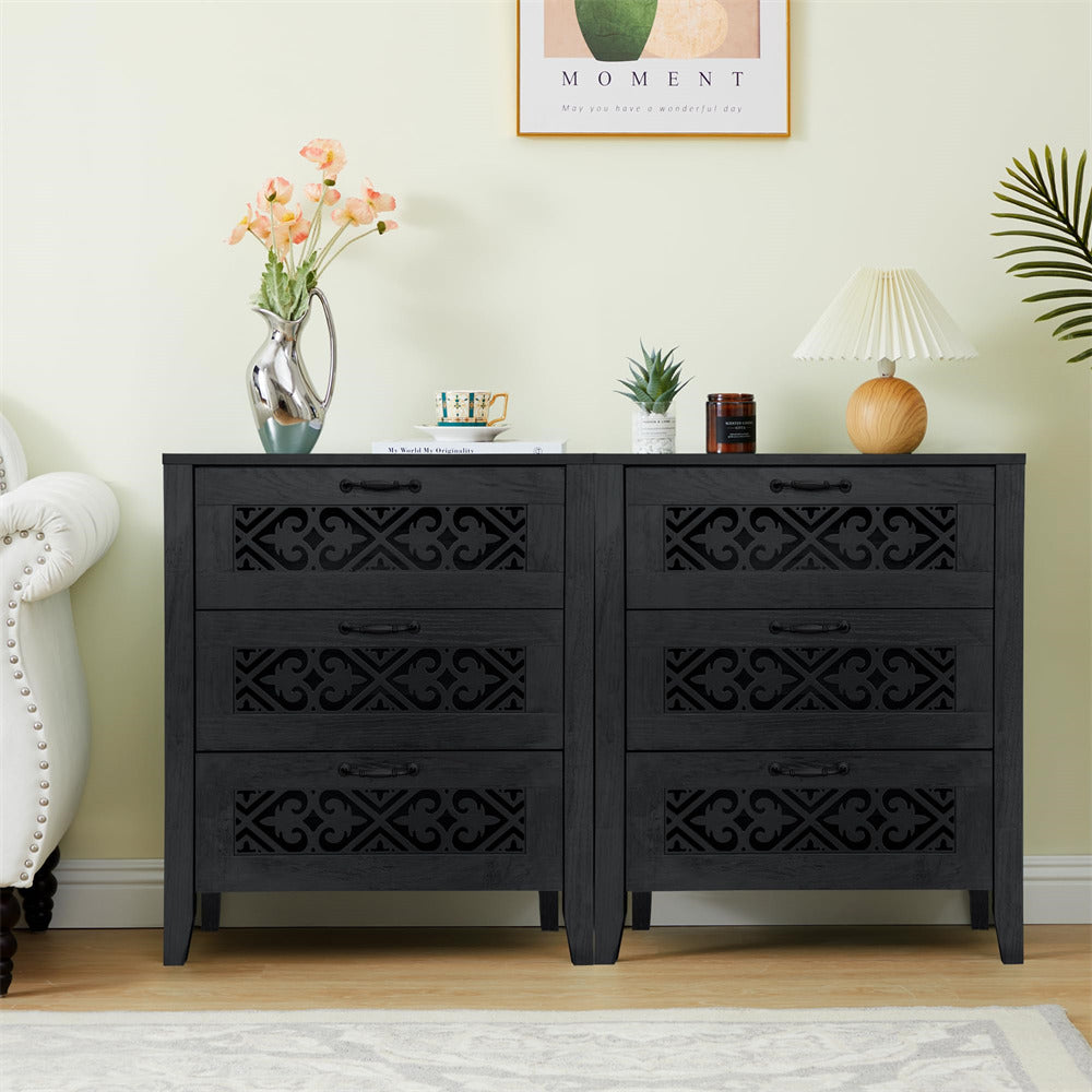 Black Modern Wooden 3 Drawer Dresser Storage Cabinet with Hollow Carving Design