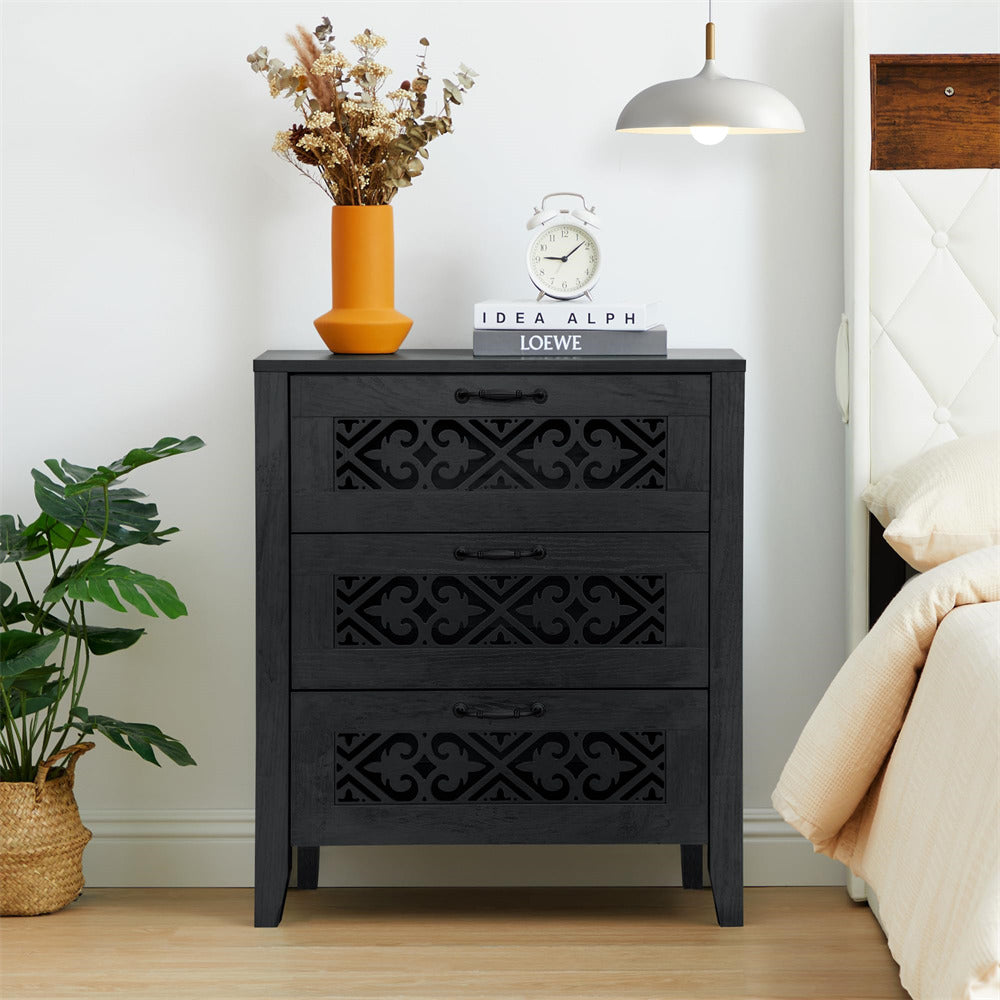 Black Modern Wooden 3 Drawer Dresser Storage Cabinet with Hollow Carving Design