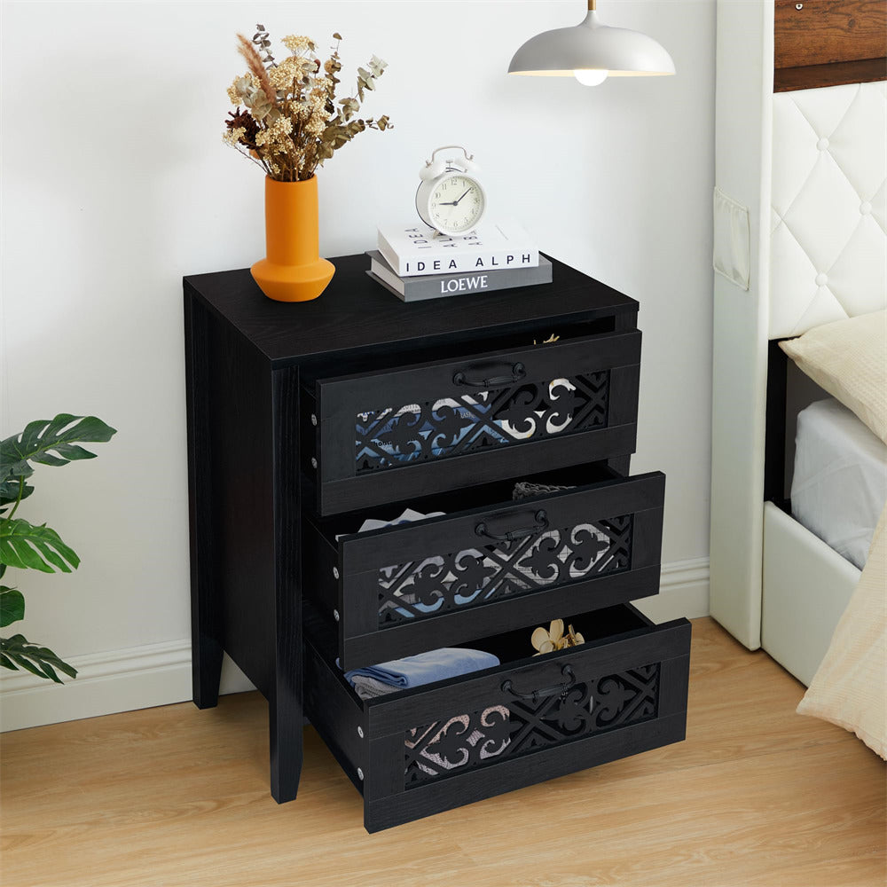 Black Modern Wooden 3 Drawer Dresser Storage Cabinet with Hollow Carving Design