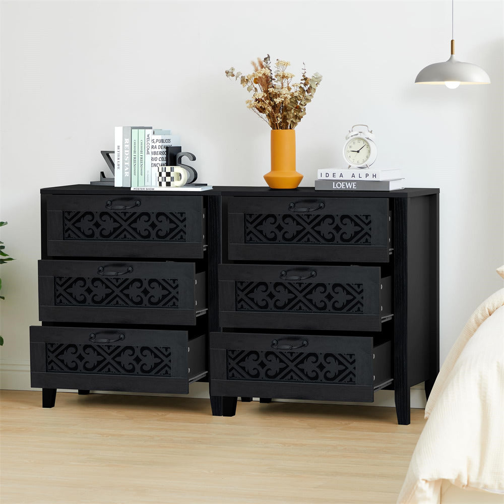 Black Modern Wooden 3 Drawer Dresser Storage Cabinet with Hollow Carving Design