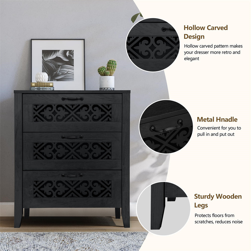 Black Modern Wooden 3 Drawer Dresser Storage Cabinet with Hollow Carving Design