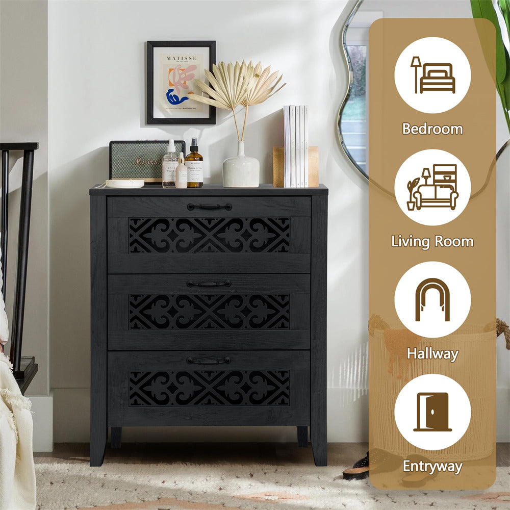 Black Modern Wooden 3 Drawer Dresser Storage Cabinet with Hollow Carving Design