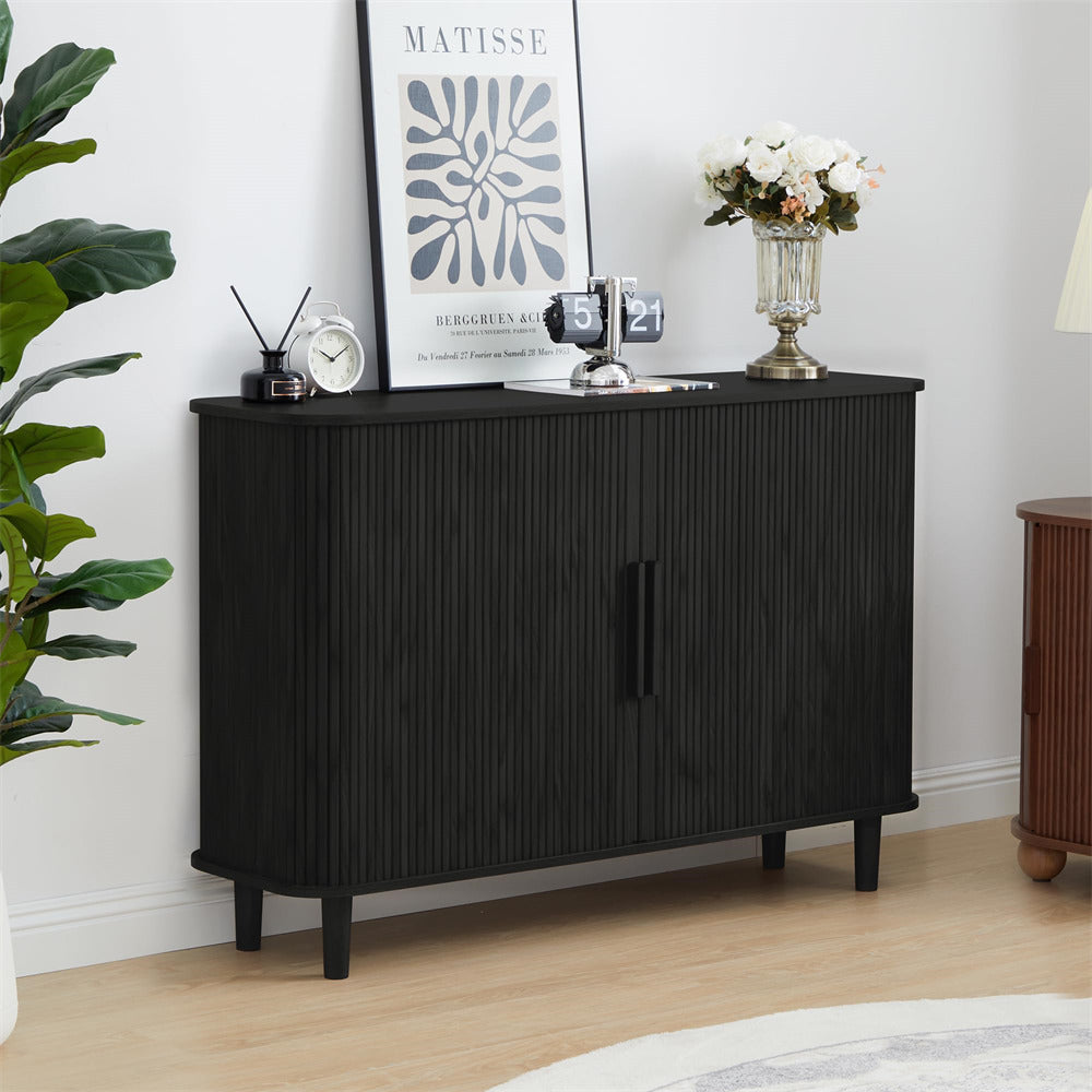 Black Modern Wooden Sideboard Storage Cabinet with 2 Sliding Doors and Handles