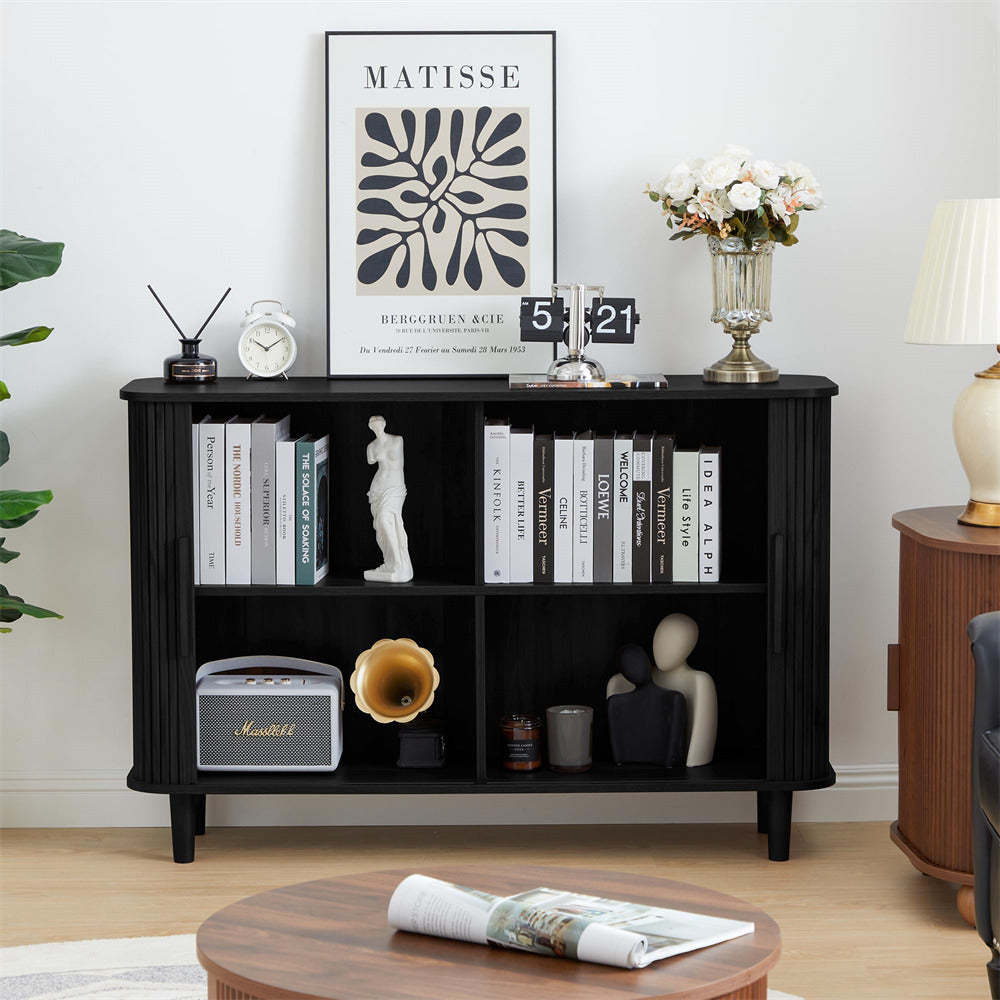 Black Modern Wooden Sideboard Storage Cabinet with 2 Sliding Doors and Handles