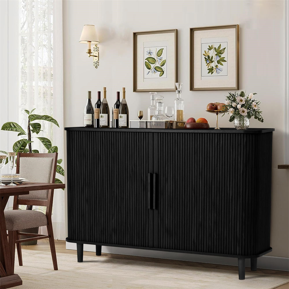 Black Modern Wooden Sideboard Storage Cabinet with 2 Sliding Doors and Handles