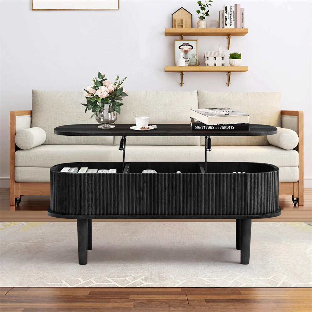 Black Oval Fluted Wooden Lift Top Coffee Table with Hidden Compartment