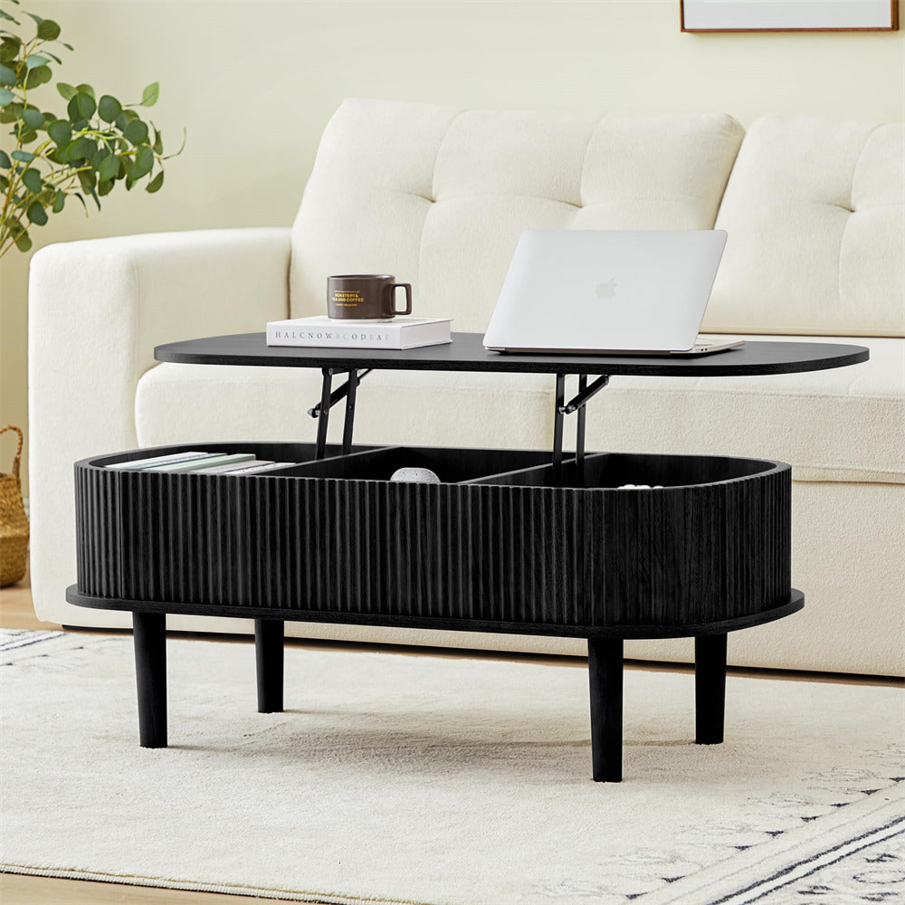 Black Oval Fluted Wooden Lift Top Coffee Table with Hidden Compartment