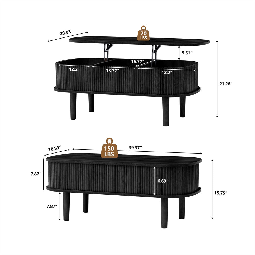 Black Oval Fluted Wooden Lift Top Coffee Table with Hidden Compartment