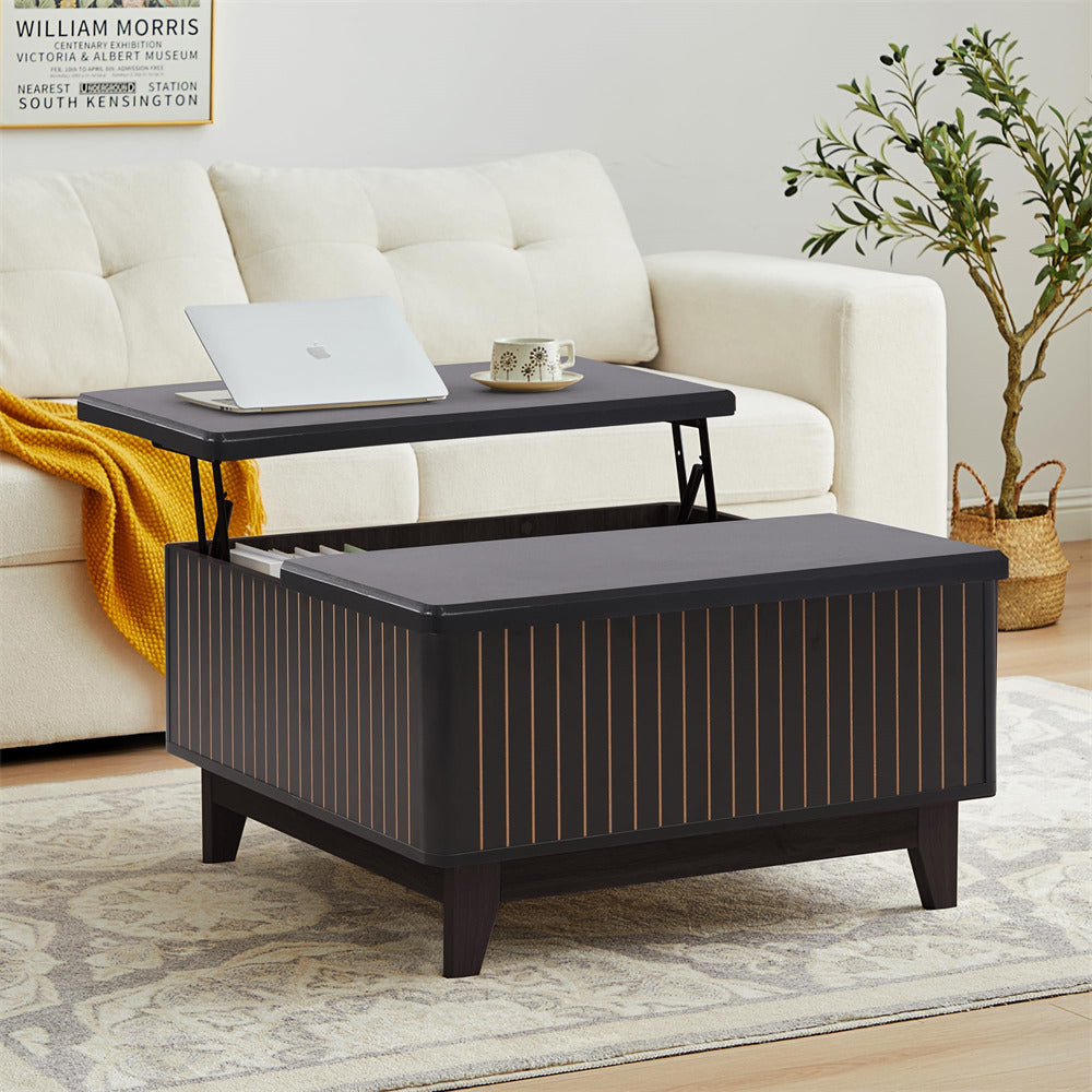 Black Square Wood Lift Top Coffee Table with Hidden Storage Compartment