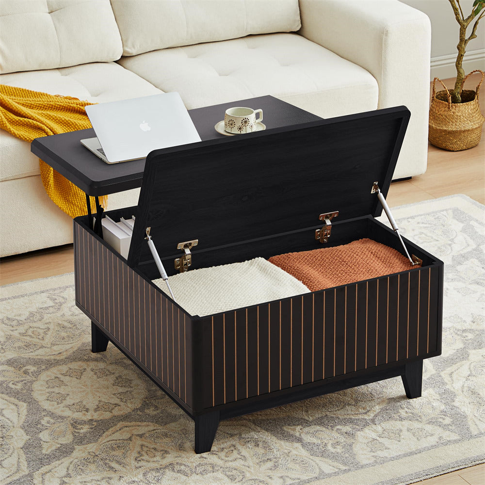 Black Square Wood Lift Top Coffee Table with Hidden Storage Compartment