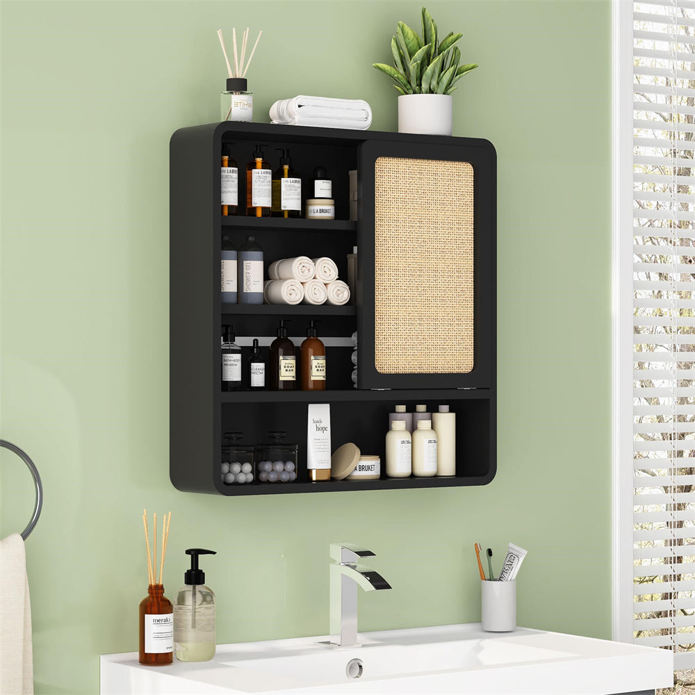 Black Wood Wall Bathroom Cabinet with Flax Sliding Door and Adjustable Shelf