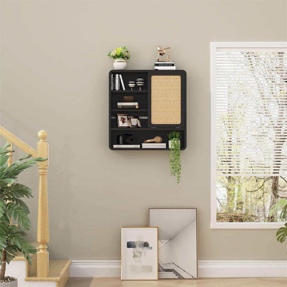 Black Wood Wall Bathroom Cabinet with Flax Sliding Door and Adjustable Shelf