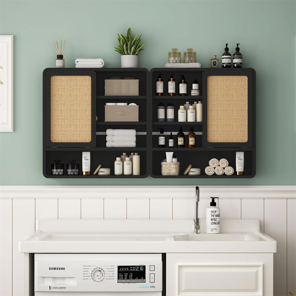 Black Wood Wall Bathroom Cabinet with Flax Sliding Door and Adjustable Shelf