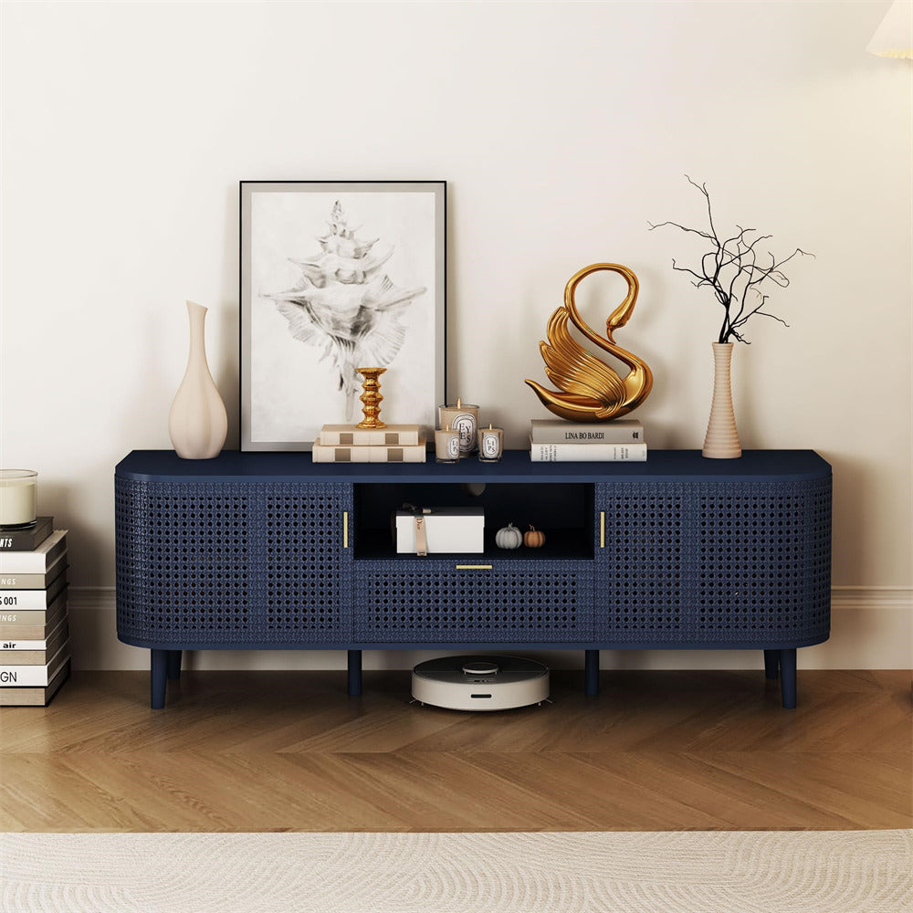 Blue Boho Wooden Console Table TV Stand Up to 65 Inch with Curved Iron Rattan Doors and Drawer