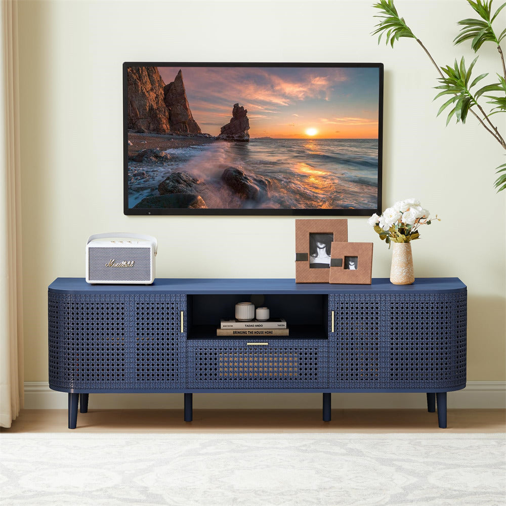 Blue Boho Wooden Console Table TV Stand Up to 65 Inch with Curved Iron Rattan Doors and Drawer