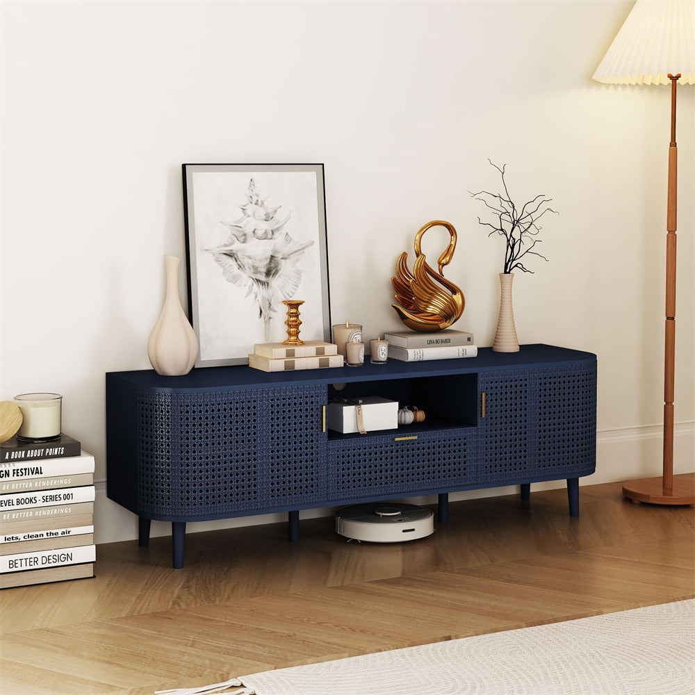 Blue Boho Wooden Console Table TV Stand Up to 65 Inch with Curved Iron Rattan Doors and Drawer