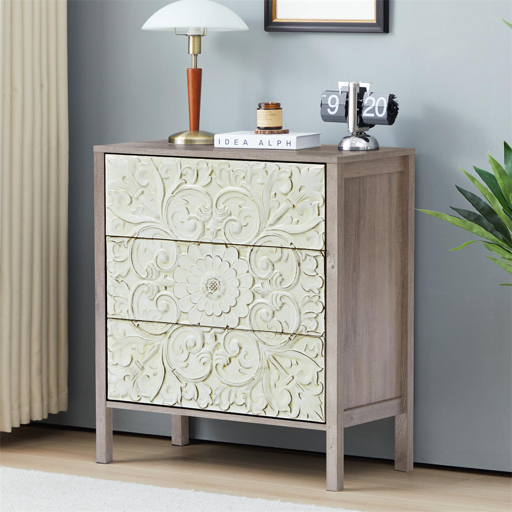 Brown Gray Wooden 3 Drawer Dresser with Storage and Engraved Design