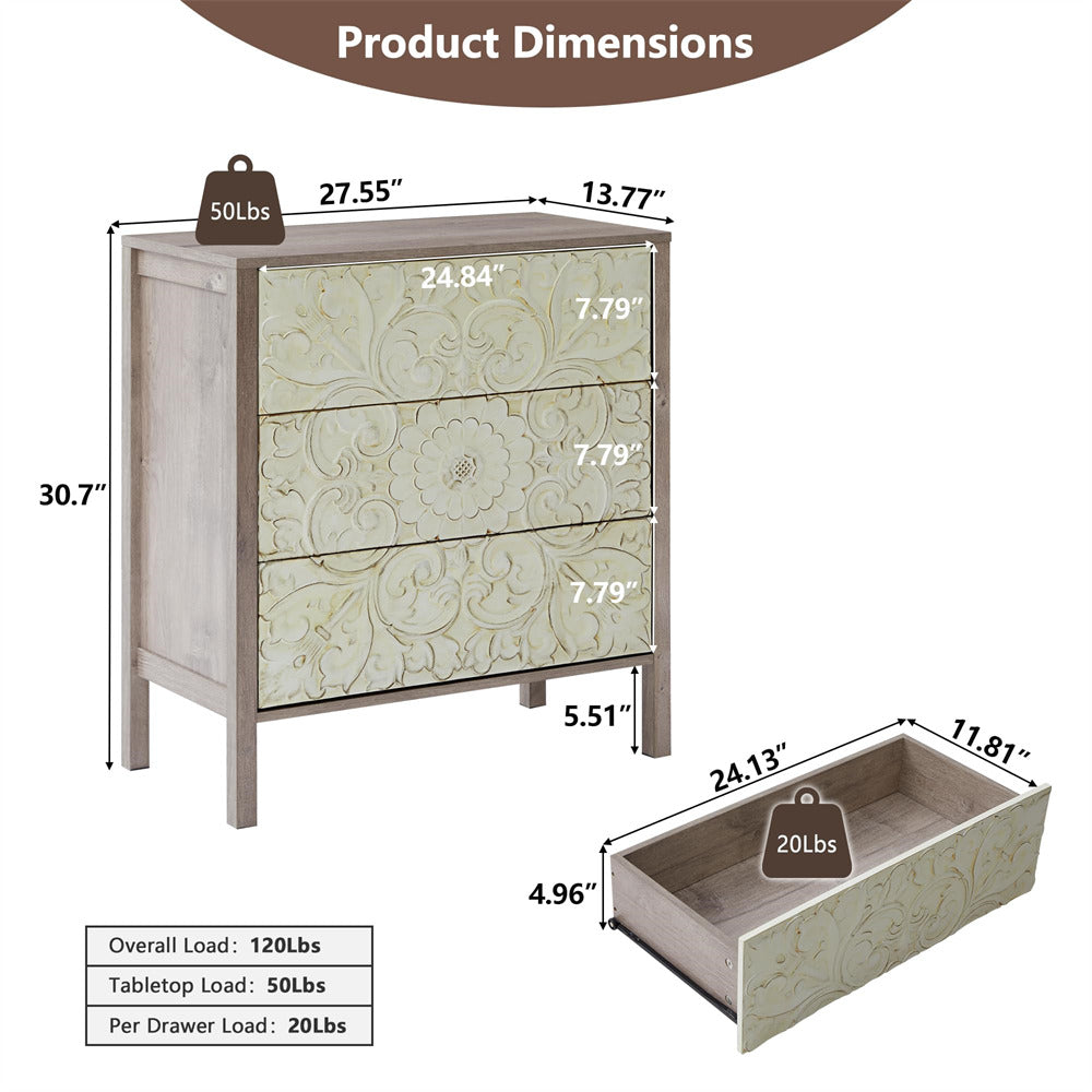 Brown Gray Wooden 3 Drawer Dresser with Storage and Engraved Design