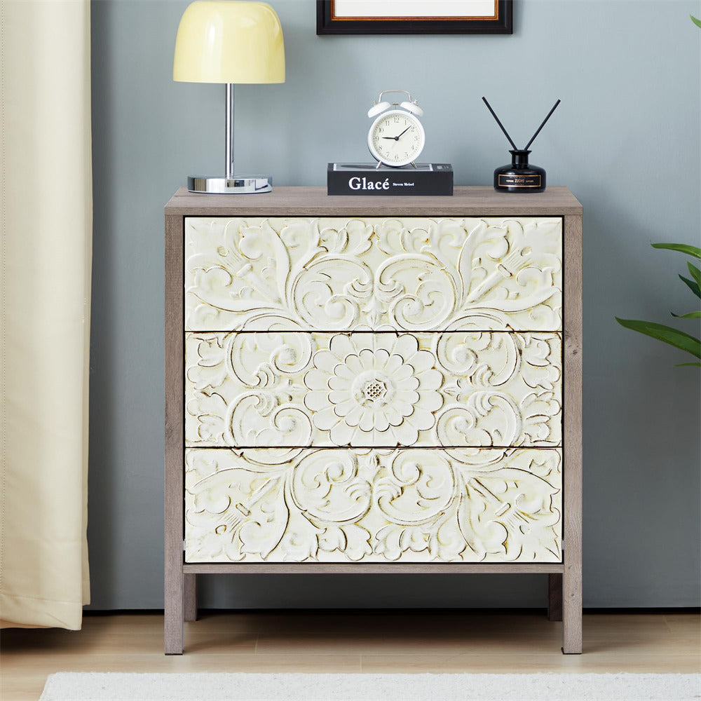 Brown Gray Wooden 3 Drawer Dresser with Storage and Engraved Design