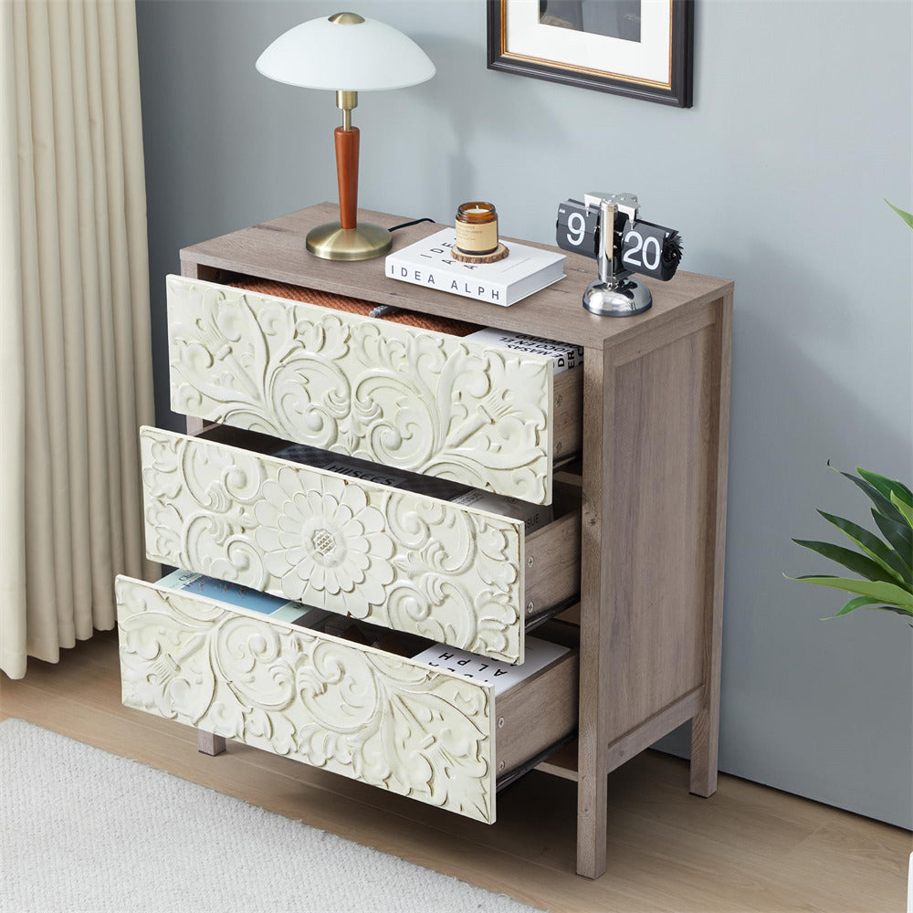 Brown Gray Wooden 3 Drawer Dresser with Storage and Engraved Design