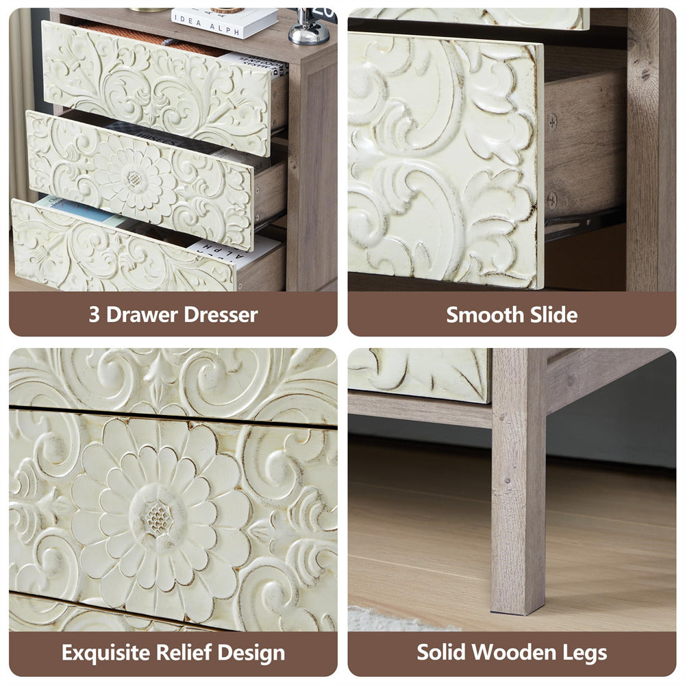 Brown Gray Wooden 3 Drawer Dresser with Storage and Engraved Design