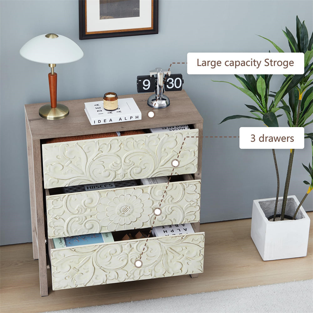 Brown Gray Wooden 3 Drawer Dresser with Storage and Engraved Design